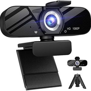 Full HD Webcam with Built-in Microphone and Rotatable Tripod, 1080P Video and Wide Angle Camera, Privacy Cover, for Desktop PC or Laptop Computer (Webcam with USB Cable)