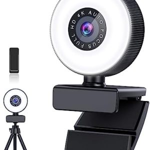 Cnkaite 4K Webcam, HD Autofocus Webcam with Microphone, Adjustable Light Computer Camera with Privacy Cover and Tripod Stand, Plug and Play USB Webcam for Laptop Desktop Video Calling